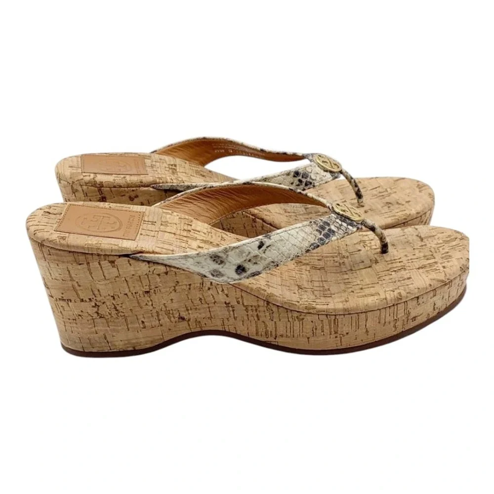 Tory Burch Suzy Cork‎ Snake Print Thong Wedge Heel Sandals Women's 9.5